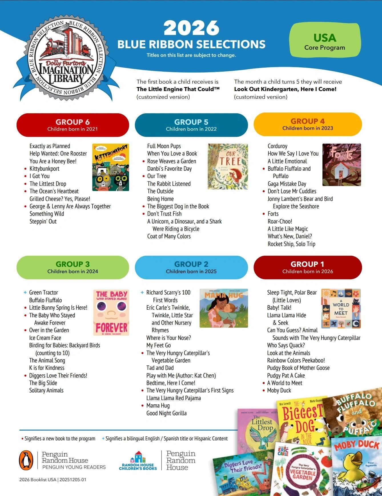 The 2026 Imagination Library book list, grouped by age